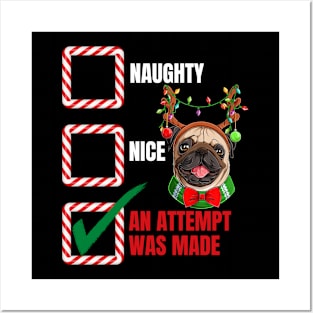 Naughty or Nice Christmas Reindeer Pug Posters and Art